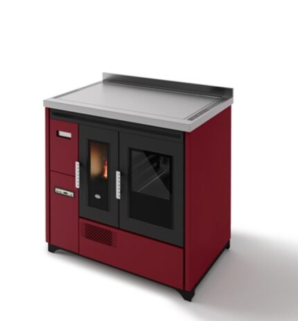 Eva Calòr ENRICA Poêle à pellets ventilé avec four – 8,6 kw – 200 m³ chauffable – rouge